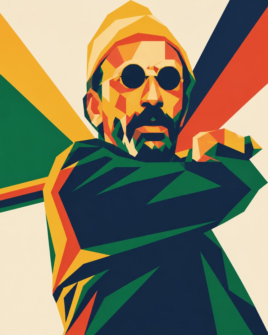 Illustration géométrique : Athmane Ariouet, acteur, lunettes rondes et bonnet