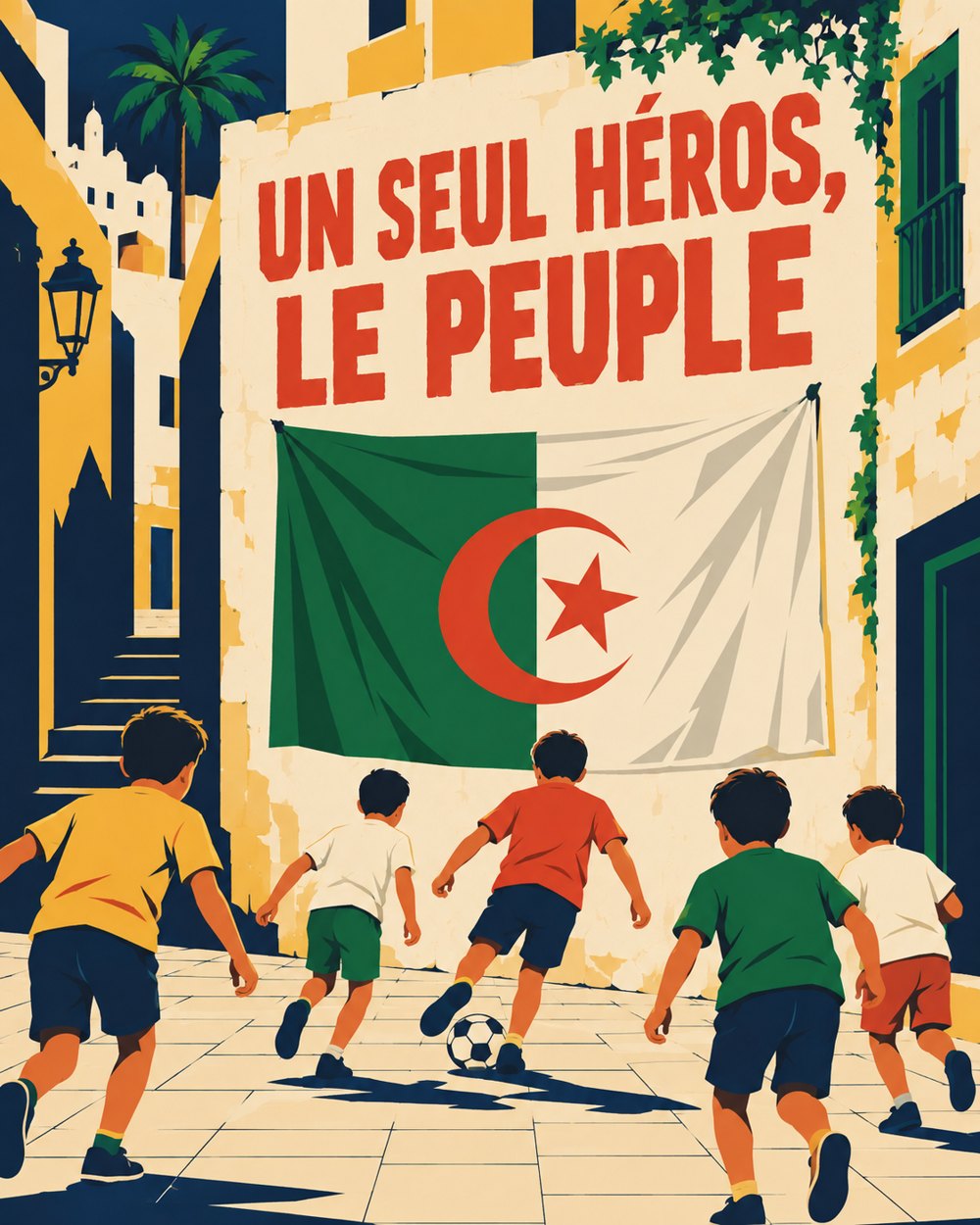 Illustration géométrique : enfants jouant au ballon devant un mur au drapeau algérien et à l'inscription « Un seul héros, le peuple »